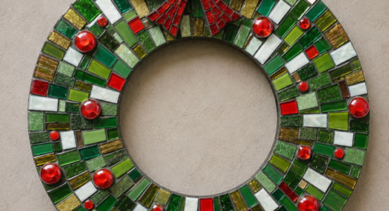 A festive mosaic wreath created during an art and design workshop at Capel Manor College in London.