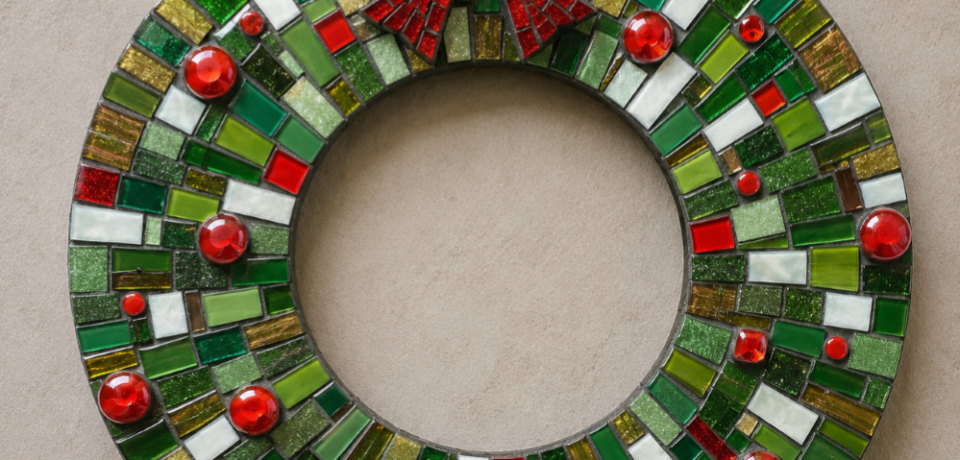 A festive mosaic wreath created during an art and design workshop at Capel Manor College in London.