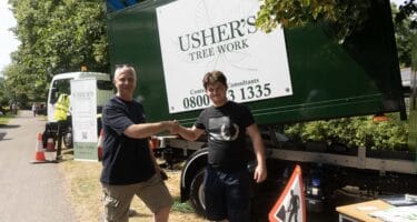 Capel Manor College apprentice shaking hands with a member of staff from new employer - Usher's Tree Work.