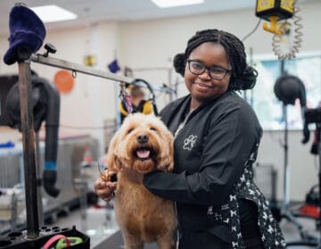 Dog Grooming Student in Dog Grooming Salon with a Dog