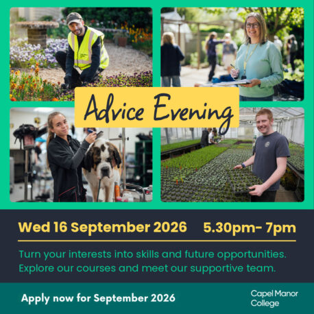 A promotional graphic for Capel Manor College's upcoming Advice Evening, on Wednesday 16 September 2026.