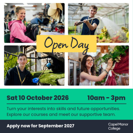 A promotional graphic for Capel Manor College's upcoming Open Day, on Saturday 10 October 2026.