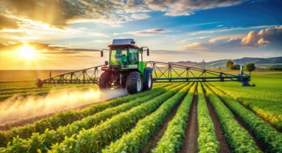 Modern agricultural sprayer machine with advanced nozzles and adjustable boom sprays.