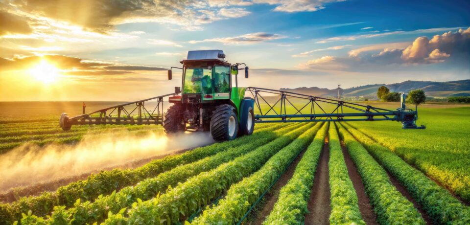 Modern agricultural sprayer machine with advanced nozzles and adjustable boom sprays.