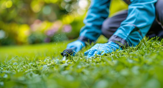 A student performing weed management during a practical session.